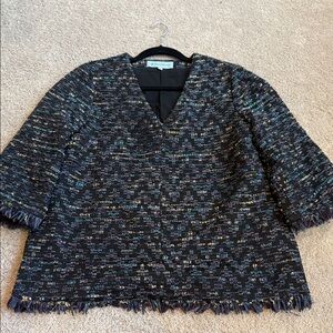 Textured Fringe Trim V-Neck Pullover — Black with Multicolor Flecks